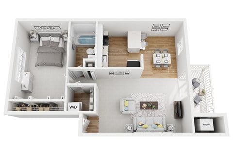 Floor plan for 1 bed, 1 bath, 689 sqft